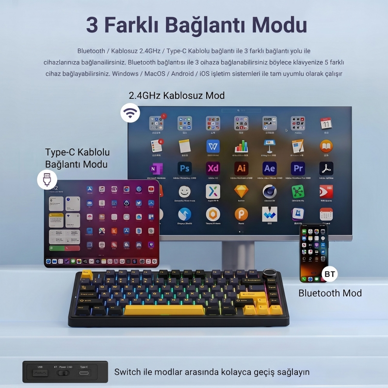 Aula F75 Mekanik RGB TKL GrayWood V3 Switch Kablosuz Makrolu Hot Swap Klavye Siyah - 6