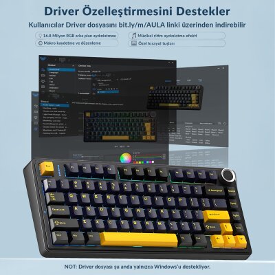 Aula F75 Mekanik RGB TKL GrayWood V3 Switch Kablosuz Makrolu Hot Swap Klavye Siyah - 8