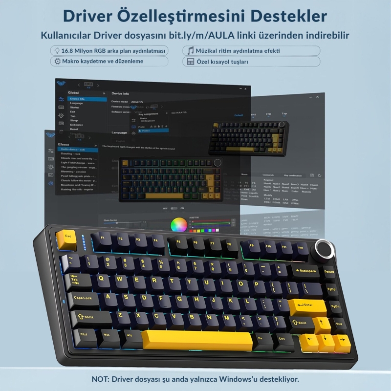 Aula F75 Mekanik RGB TKL GrayWood V3 Switch Kablosuz Makrolu Hot Swap Klavye Siyah - 8