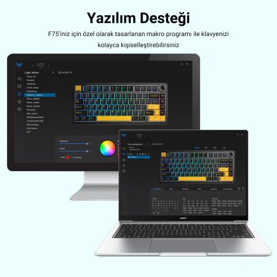 Aula F75 Mekanik RGB TKL GrayWood V3 Switch Kablosuz Makrolu Hot Swap Klavye Siyah - 9