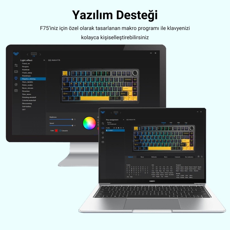 Aula F75 Mekanik RGB TKL GrayWood V3 Switch Kablosuz Makrolu Hot Swap Klavye Siyah - 9