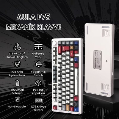 Aula F75 Mekanik RGB TKL GrayWood V4 Switch Kablosuz Makrolu Hot Swap Türkçe Q Klavye Comic - 2