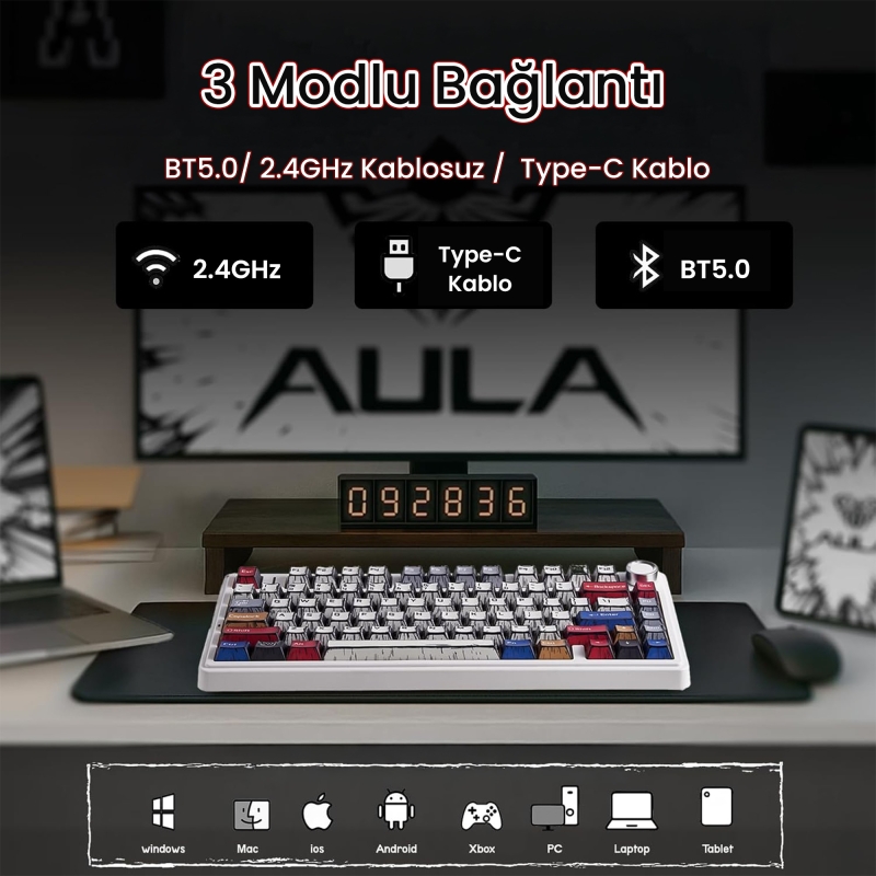 Aula F75 Mekanik RGB TKL GrayWood V4 Switch Kablosuz Makrolu Hot Swap Türkçe Q Klavye Comic - 3