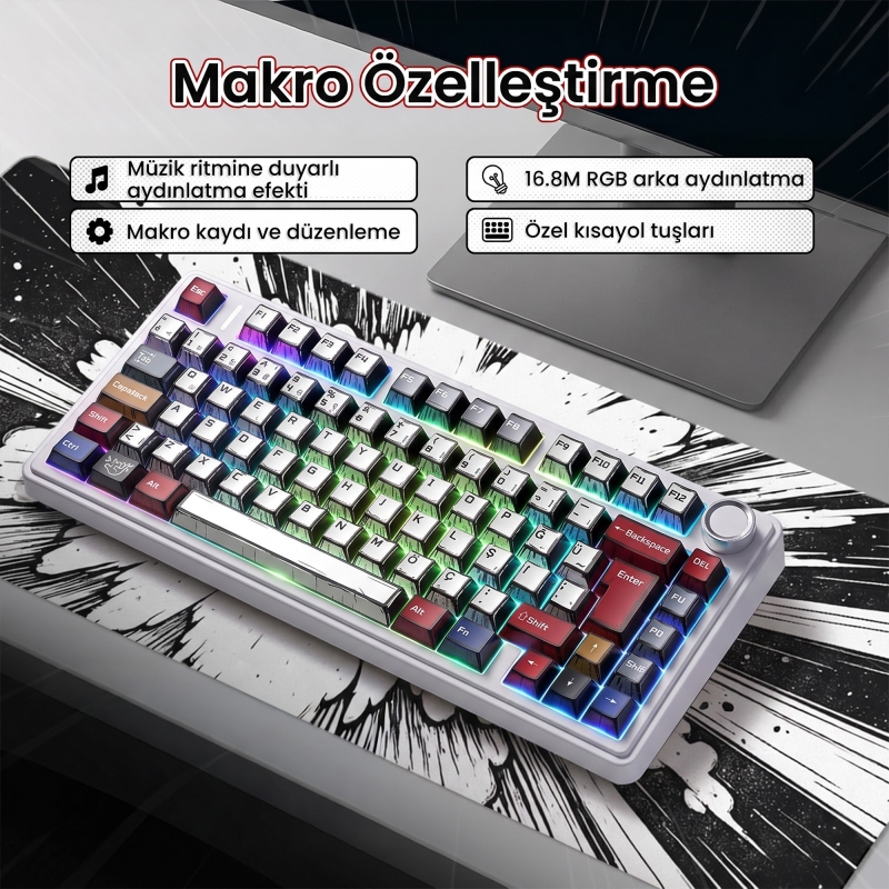Aula F75 Mekanik RGB TKL GrayWood V4 Switch Kablosuz Makrolu Hot Swap Türkçe Q Klavye Comic - 4