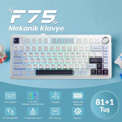 Aula F75 Mekanik RGB TKL Ice Vein Switch Kablosuz Makrolu Hot Swap Klavye Lacivert - 2