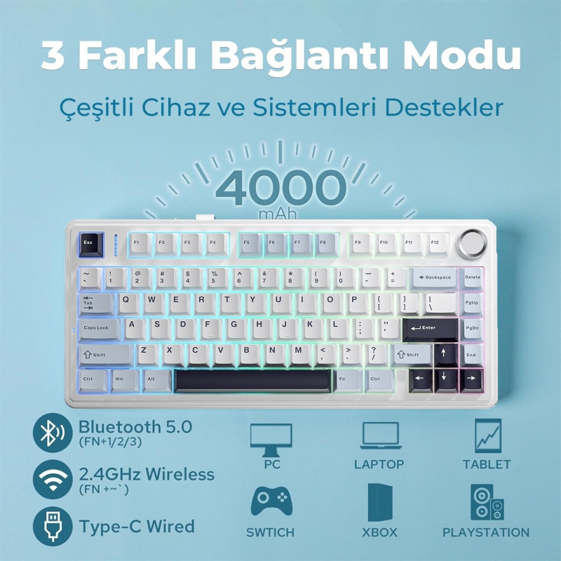 Aula F75 Mekanik RGB TKL Ice Vein Switch Kablosuz Makrolu Hot Swap Klavye Lacivert - 3