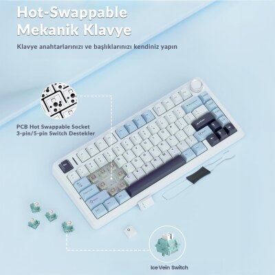 Aula F75 Mekanik RGB TKL Ice Vein Switch Kablosuz Makrolu Hot Swap Klavye Lacivert - 5