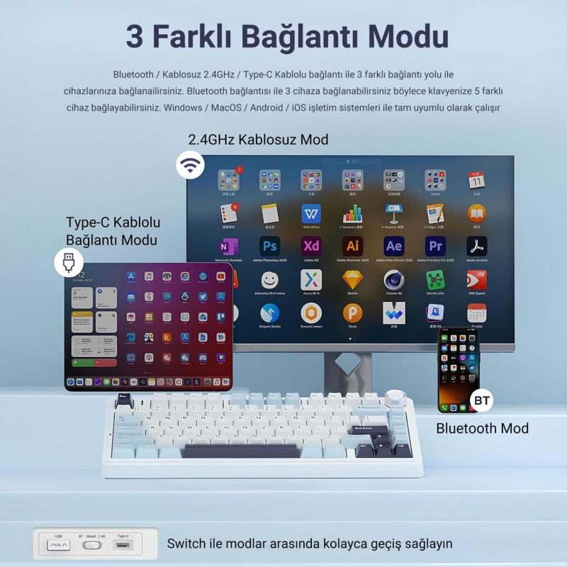Aula F75 Mekanik RGB TKL Ice Vein Switch Kablosuz Makrolu Hot Swap Klavye Lacivert - 7