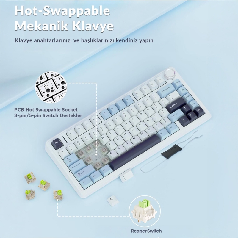 Aula F75 Mekanik RGB TKL Reaper Switch Kablosuz Makrolu Hot Swap Klavye Lacivert - 5