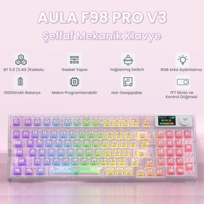 Aula F98 Pro V3 OLED Ekranlı Crystal Switch Makrolu Kablosuz RGB Hot-Swap Gasket Pre-Lubed Switch Mekanik Klavye Şeffaf Pembe - 2