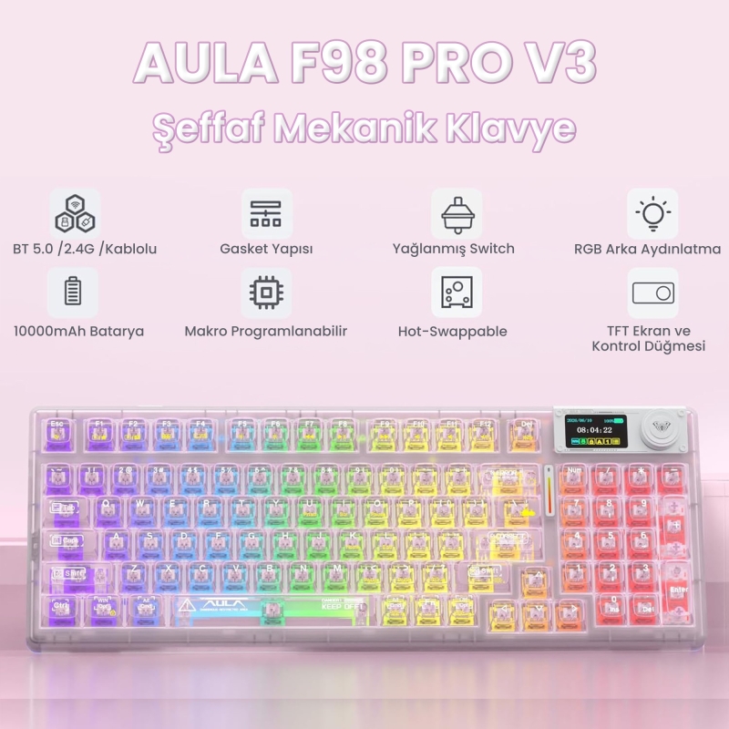 Aula F98 Pro V3 OLED Ekranlı Crystal Switch Makrolu Kablosuz RGB Hot-Swap Gasket Pre-Lubed Switch Mekanik Klavye Şeffaf Pembe - 2