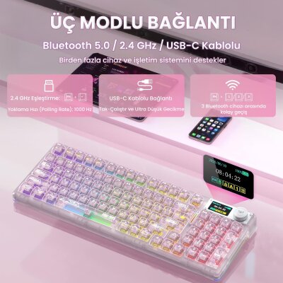 Aula F98 Pro V3 OLED Ekranlı Crystal Switch Makrolu Kablosuz RGB Hot-Swap Gasket Pre-Lubed Switch Mekanik Klavye Şeffaf Pembe - 3