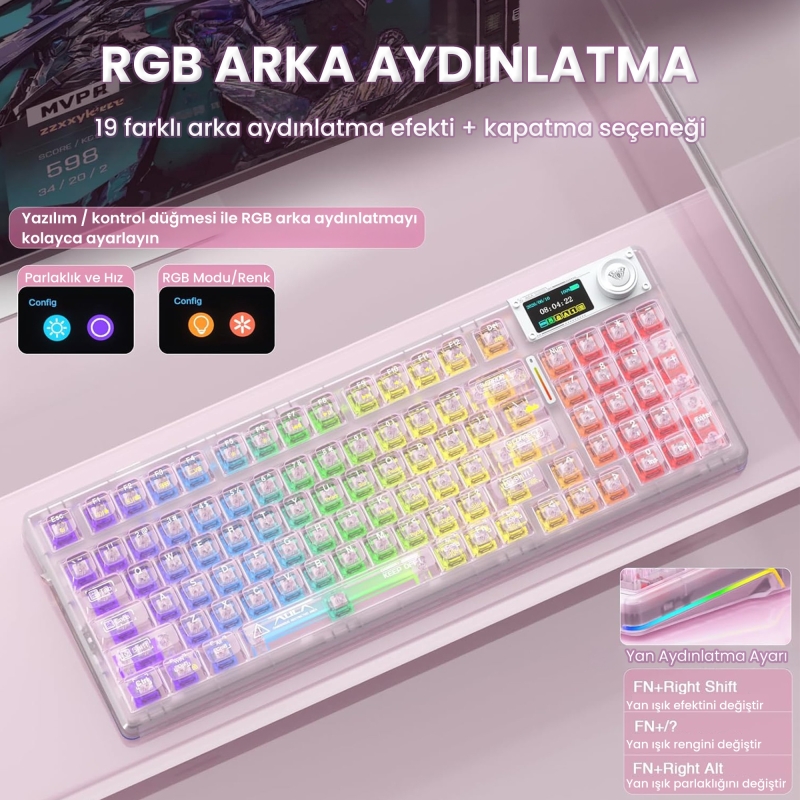 Aula F98 Pro V3 OLED Ekranlı Crystal Switch Makrolu Kablosuz RGB Hot-Swap Gasket Pre-Lubed Switch Mekanik Klavye Şeffaf Pembe - 4