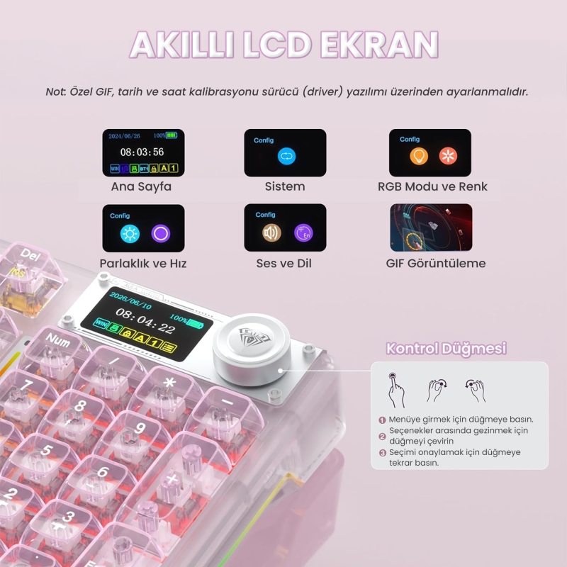 Aula F98 Pro V3 OLED Ekranlı Crystal Switch Makrolu Kablosuz RGB Hot-Swap Gasket Pre-Lubed Switch Mekanik Klavye Şeffaf Pembe - 5