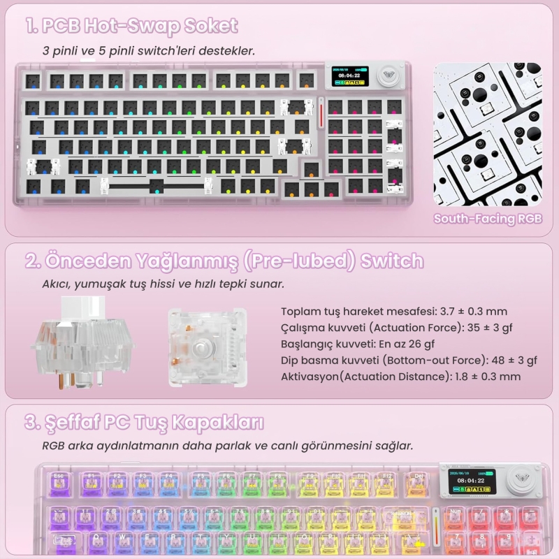 Aula F98 Pro V3 OLED Ekranlı Crystal Switch Makrolu Kablosuz RGB Hot-Swap Gasket Pre-Lubed Switch Mekanik Klavye Şeffaf Pembe - 6