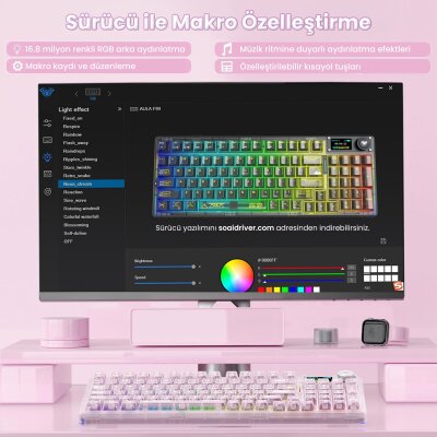Aula F98 Pro V3 OLED Ekranlı Crystal Switch Makrolu Kablosuz RGB Hot-Swap Gasket Pre-Lubed Switch Mekanik Klavye Şeffaf Pembe - 8
