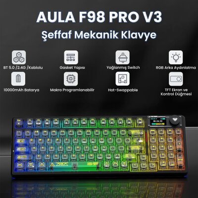 Aula F98 Pro V3 OLED Ekranlı Crystal Switch Makrolu Kablosuz RGB Hot-Swap Gasket Pre-Lubed Switch Mekanik Klavye Şeffaf Siyah - 2