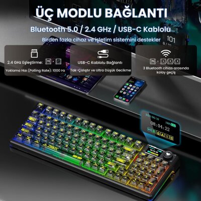 Aula F98 Pro V3 OLED Ekranlı Crystal Switch Makrolu Kablosuz RGB Hot-Swap Gasket Pre-Lubed Switch Mekanik Klavye Şeffaf Siyah - 3