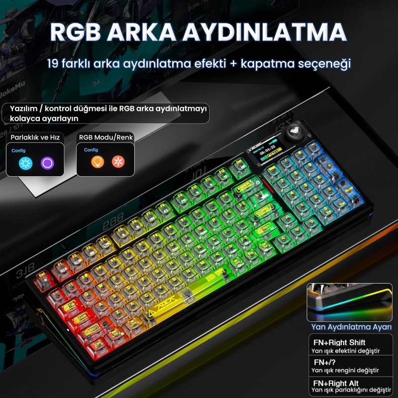 Aula F98 Pro V3 OLED Ekranlı Crystal Switch Makrolu Kablosuz RGB Hot-Swap Gasket Pre-Lubed Switch Mekanik Klavye Şeffaf Siyah - 4