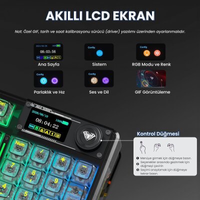 Aula F98 Pro V3 OLED Ekranlı Crystal Switch Makrolu Kablosuz RGB Hot-Swap Gasket Pre-Lubed Switch Mekanik Klavye Şeffaf Siyah - 5