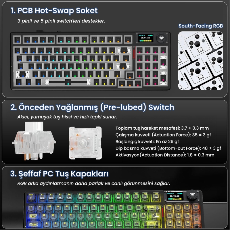 Aula F98 Pro V3 OLED Ekranlı Crystal Switch Makrolu Kablosuz RGB Hot-Swap Gasket Pre-Lubed Switch Mekanik Klavye Şeffaf Siyah - 6
