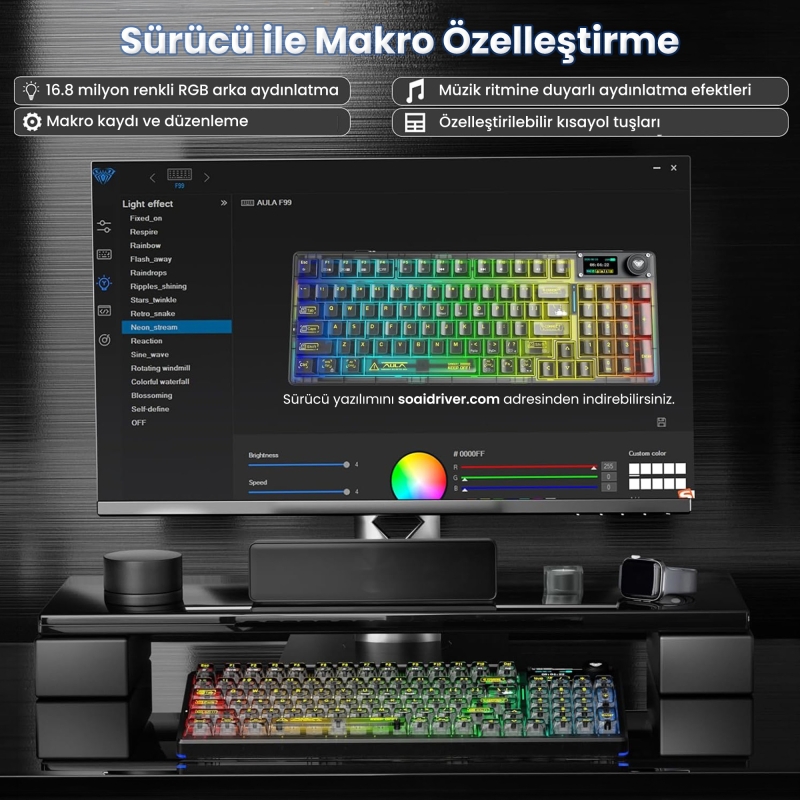 Aula F98 Pro V3 OLED Ekranlı Crystal Switch Makrolu Kablosuz RGB Hot-Swap Gasket Pre-Lubed Switch Mekanik Klavye Şeffaf Siyah - 8