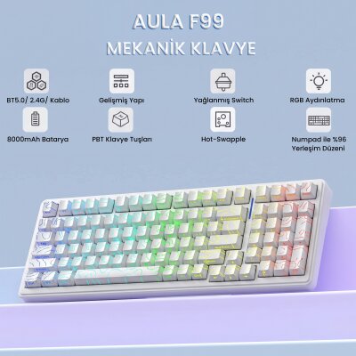 Aula F99 Mekanik RGB Star Vector Switch 3 Modlu Kablosuz Makrolu Hot Swap Klavye Desenli Beyaz - 2