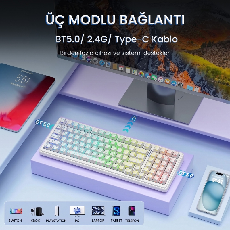 Aula F99 Mekanik RGB Star Vector Switch 3 Modlu Kablosuz Makrolu Hot Swap Klavye Desenli Beyaz - 4