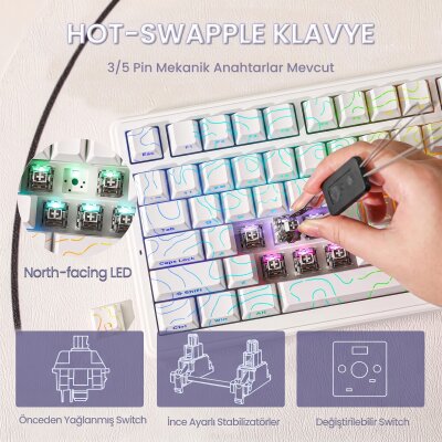 Aula F99 Mekanik RGB Star Vector Switch 3 Modlu Kablosuz Makrolu Hot Swap Klavye Desenli Beyaz - 5
