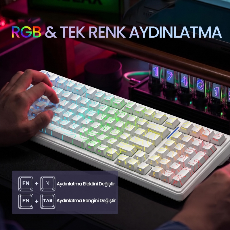 Aula F99 Mekanik RGB Star Vector Switch 3 Modlu Kablosuz Makrolu Hot Swap Klavye Desenli Beyaz - 7