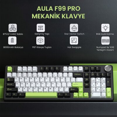 Aula F99 Pro 3 Modlu RGB Hot Swap Mekanik Star Vector Switch Kablosuz Makrolu Klavye Yeşil - 2