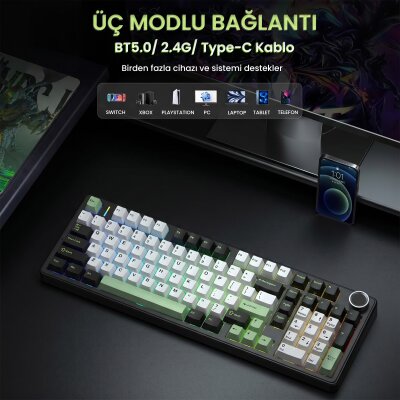 Aula F99 Pro 3 Modlu RGB Hot Swap Mekanik Star Vector Switch Kablosuz Makrolu Klavye Yeşil - 3
