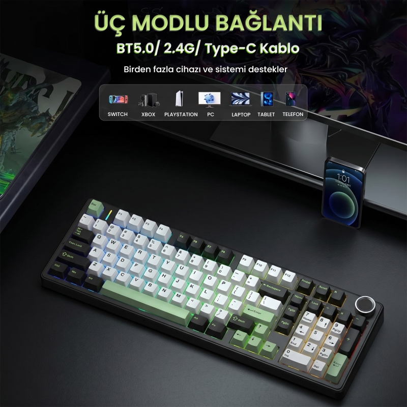 Aula F99 Pro 3 Modlu RGB Hot Swap Mekanik Star Vector Switch Kablosuz Makrolu Klavye Yeşil - 3
