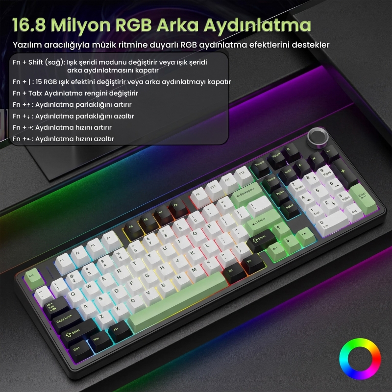 Aula F99 Pro 3 Modlu RGB Hot Swap Mekanik Star Vector Switch Kablosuz Makrolu Klavye Yeşil - 4