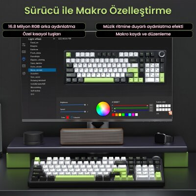Aula F99 Pro 3 Modlu RGB Hot Swap Mekanik Star Vector Switch Kablosuz Makrolu Klavye Yeşil - 6