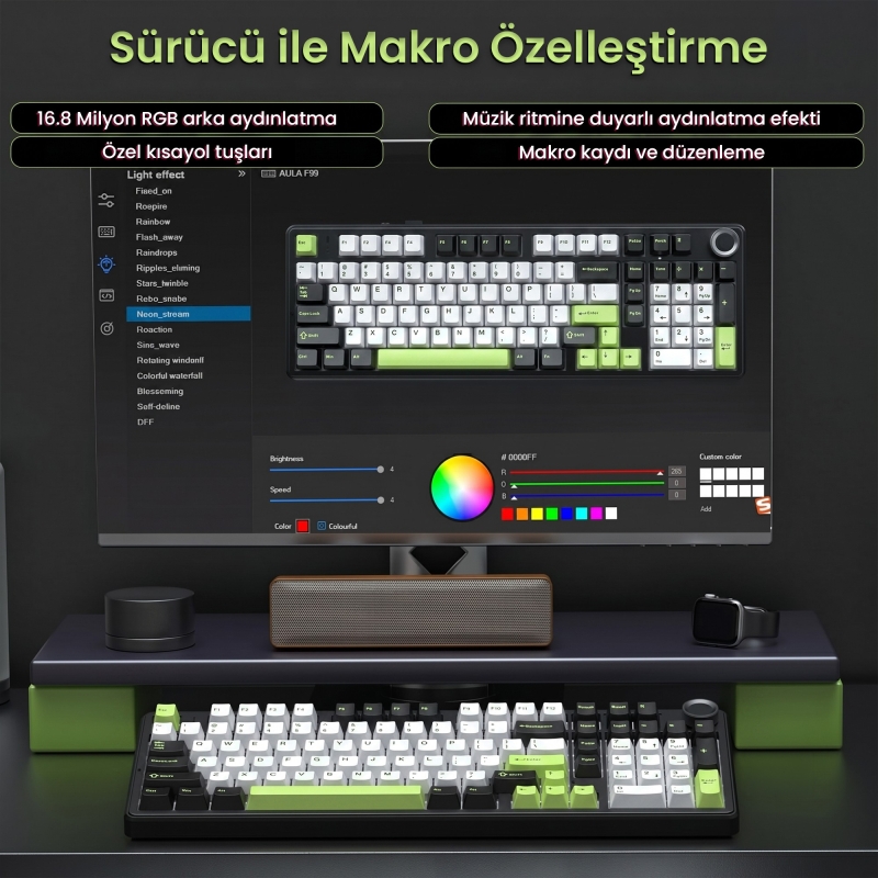 Aula F99 Pro 3 Modlu RGB Hot Swap Mekanik Star Vector Switch Kablosuz Makrolu Klavye Yeşil - 6