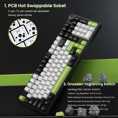 Aula F99 Pro 3 Modlu RGB Hot Swap Mekanik Star Vector Switch Kablosuz Makrolu Klavye Yeşil - 8