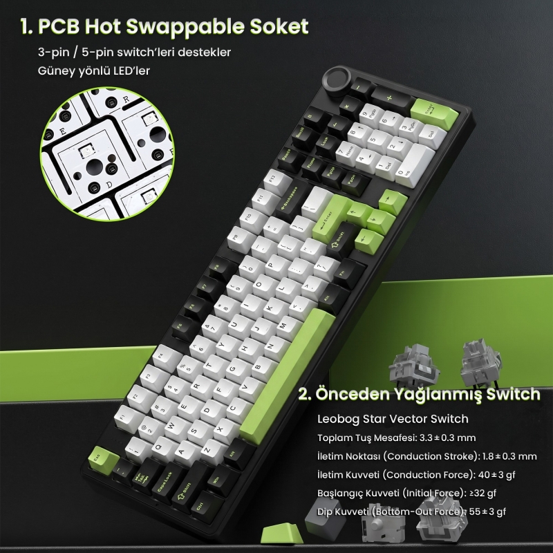 Aula F99 Pro 3 Modlu RGB Hot Swap Mekanik Star Vector Switch Kablosuz Makrolu Klavye Yeşil - 8