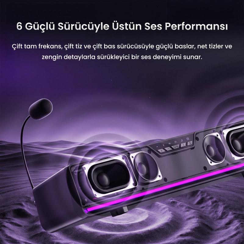 Aula GS6 PRO 10W RGB Bluetooth USB Kablolu Soundbar Hoparlör Player Özellikli Speaker Siyah - 2