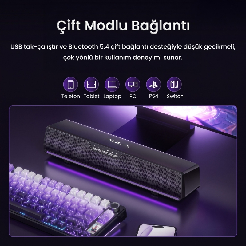 Aula GS6 PRO 10W RGB Bluetooth USB Kablolu Soundbar Hoparlör Player Özellikli Speaker Siyah - 7