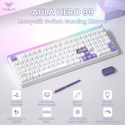 Aula Hero 99 Hall Effect Manyetik Klavye Rapid Trigger GrayWood Switch 8000Hz RGB Hot Swap Oyuncu Klavyesi Mor - 2