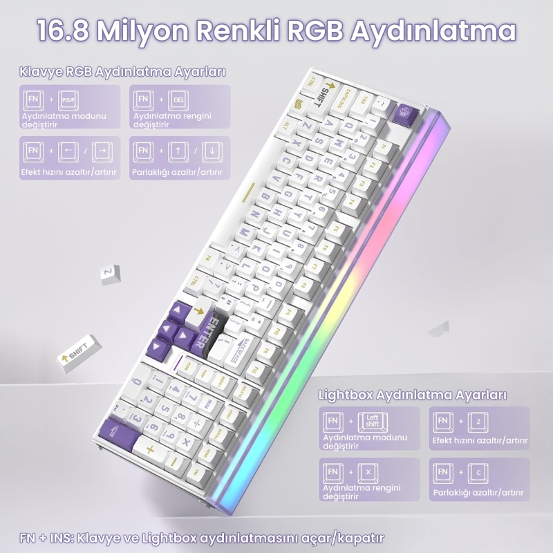 Aula Hero 99 Hall Effect Manyetik Klavye Rapid Trigger GrayWood Switch 8000Hz RGB Hot Swap Oyuncu Klavyesi Mor - 3
