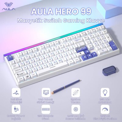 Aula Hero 99 Hall Effect Manyetik Klavye Rapid Trigger Wing Chun Switch 8000Hz RGB Hot Swap Oyuncu Klavyesi Mavi - 2