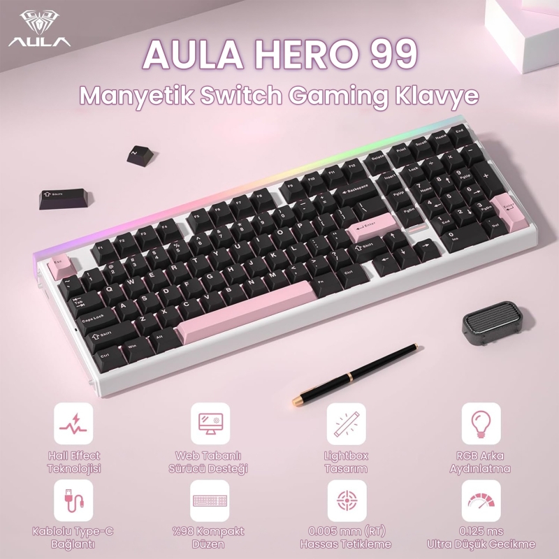 Aula Hero 99 Hall Effect Manyetik Klavye Rapid Trigger Wing Chun Switch 8000Hz RGB Hot Swap Oyuncu Klavyesi Siyah - 2