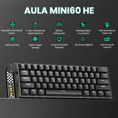 Aula Mini 60 He Hall Effect Manyetik Klavye Rapid Trigger Stromrise Switch 8000Hz TKL Hot Swap Oyuncu Klavyesi Siyah - 2
