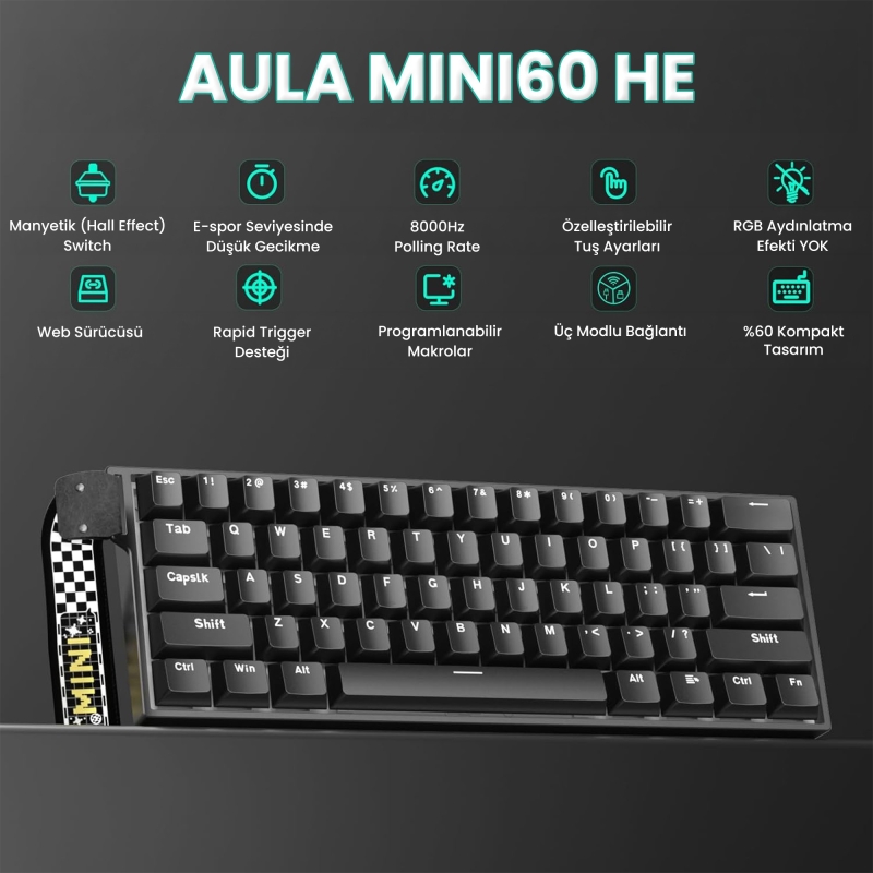 Aula Mini 60 He Hall Effect Manyetik Klavye Rapid Trigger Stromrise Switch 8000Hz TKL Hot Swap Oyuncu Klavyesi Siyah - 2