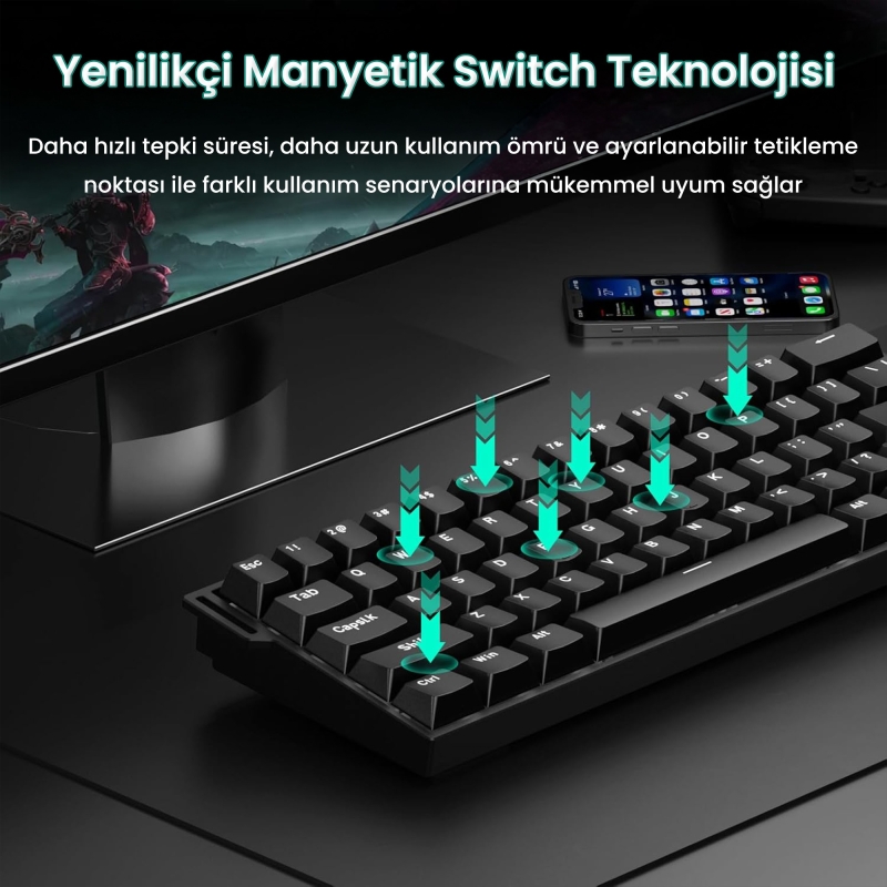 Aula Mini 60 He Hall Effect Manyetik Klavye Rapid Trigger Stromrise Switch 8000Hz TKL Hot Swap Oyuncu Klavyesi Siyah - 3