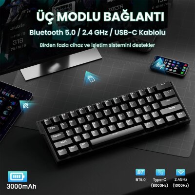 Aula Mini 60 He Hall Effect Manyetik Klavye Rapid Trigger Stromrise Switch 8000Hz TKL Hot Swap Oyuncu Klavyesi Siyah - 4