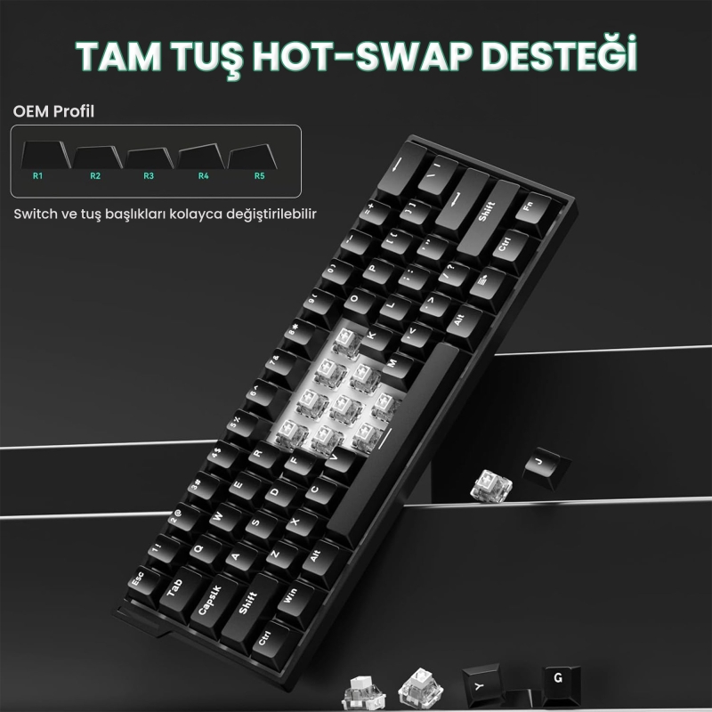Aula Mini 60 He Hall Effect Manyetik Klavye Rapid Trigger Stromrise Switch 8000Hz TKL Hot Swap Oyuncu Klavyesi Siyah - 5