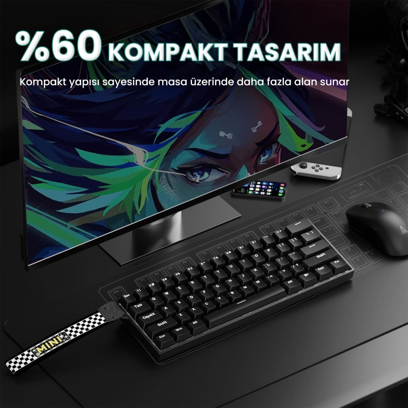 Aula Mini 60 He Hall Effect Manyetik Klavye Rapid Trigger Stromrise Switch 8000Hz TKL Hot Swap Oyuncu Klavyesi Siyah - 6